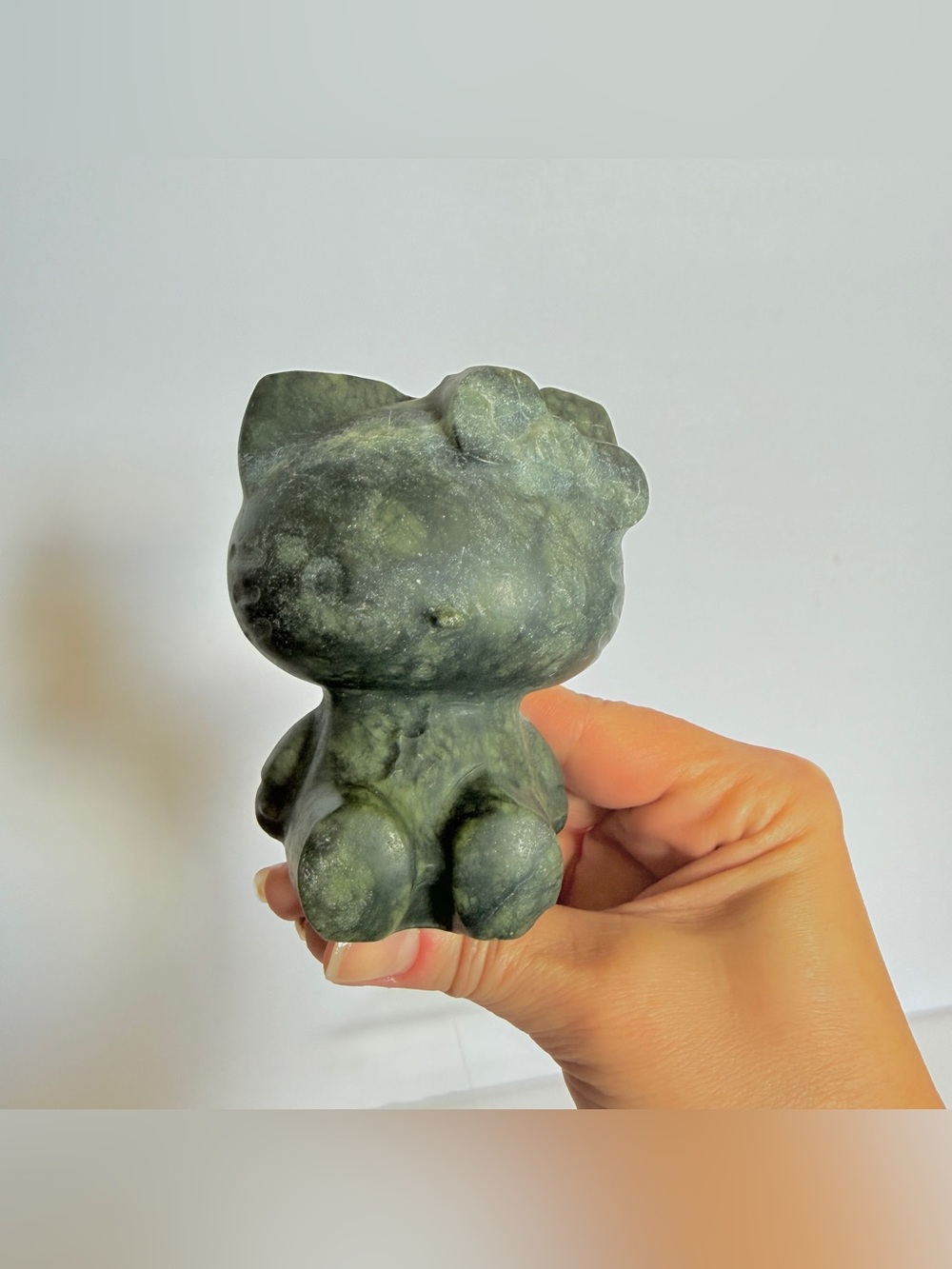 Hello Kitty Carved Green Serpentine Jade Stone Figurine Sculpture 4” 19.6oz